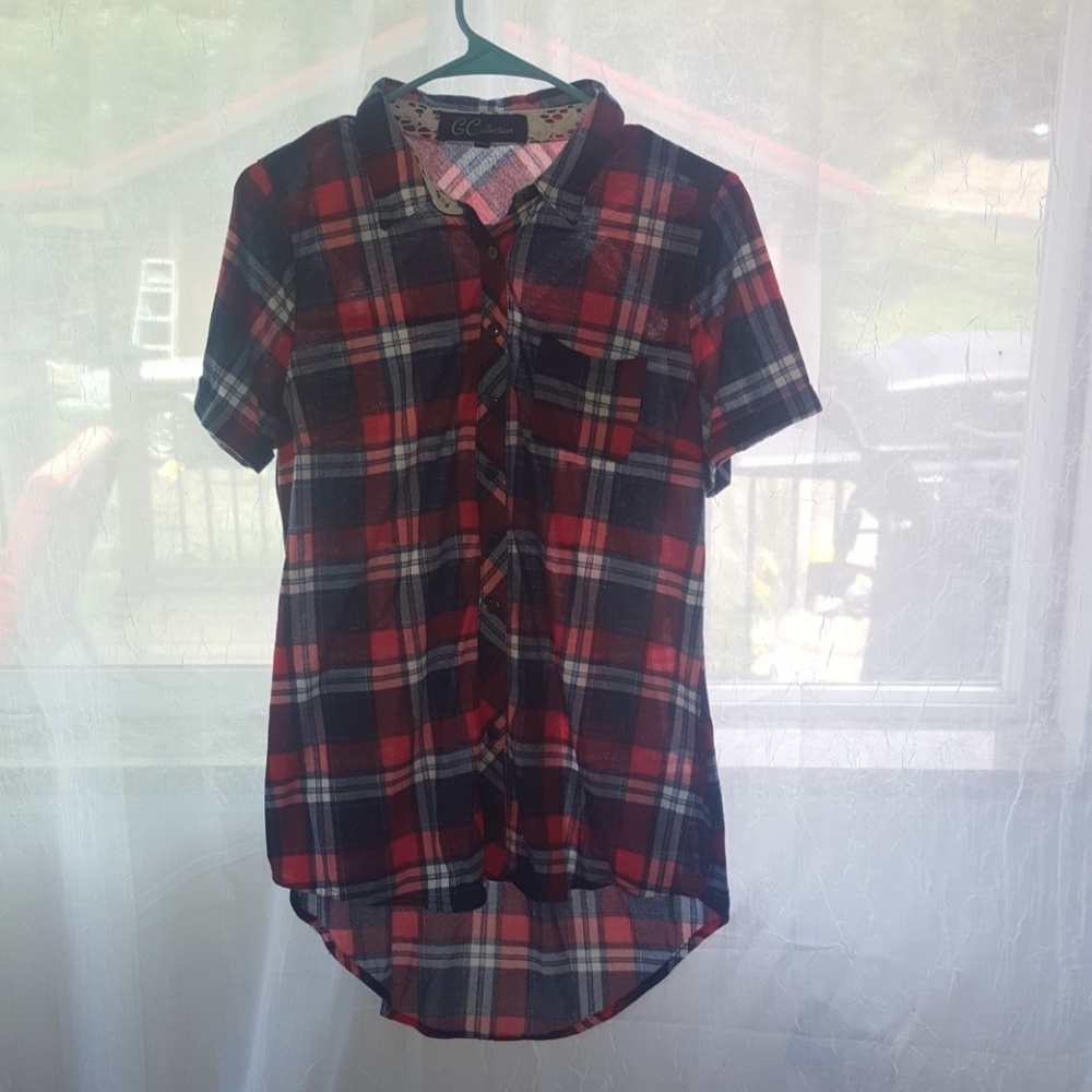 Long plaid short sleeve shirt blouse top button